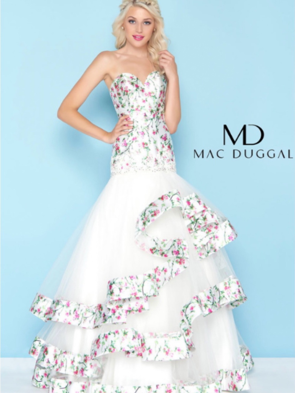Mac Duggal White Floral Strapless Ball Gown with Pink and Green Print